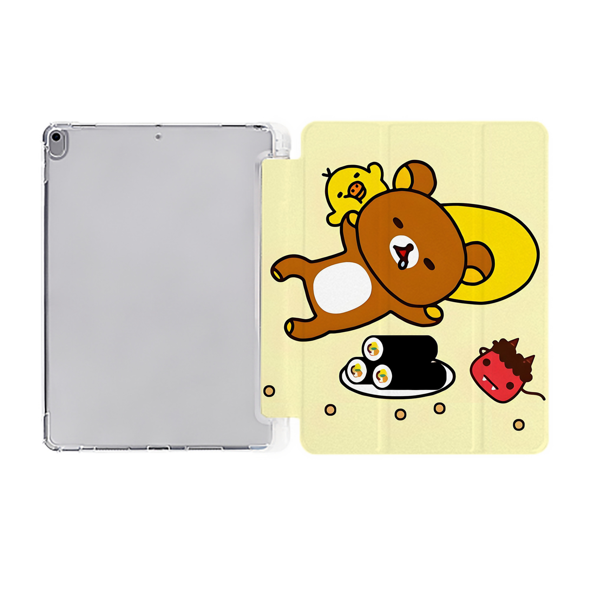（画像用） リラックマ リラックマ キイロイトリ Rilakkuma Korilakkuma Kiiroitori IPad ケース ペン収納付き 三つ折りスタンド PUレザー×シリコン 対応機種9.5/10.5/10.9インチ